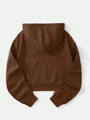 Teen Solid Coffee Brown Drawstring Crop Hoodie