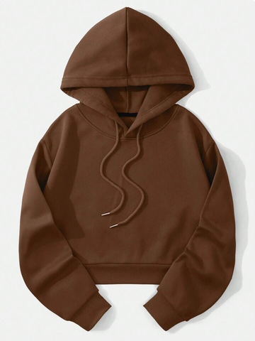 Teen Solid Coffee Brown Drawstring Crop Hoodie