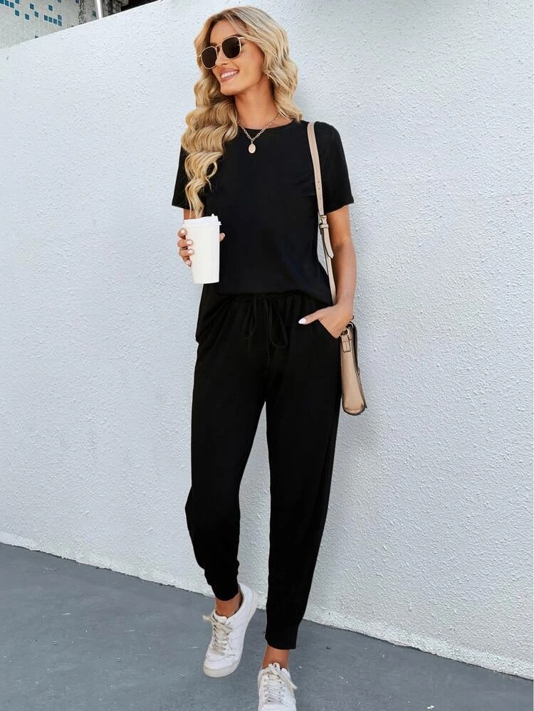 Teen Solid Black Cotton Round Neck Tee & Trouser Set