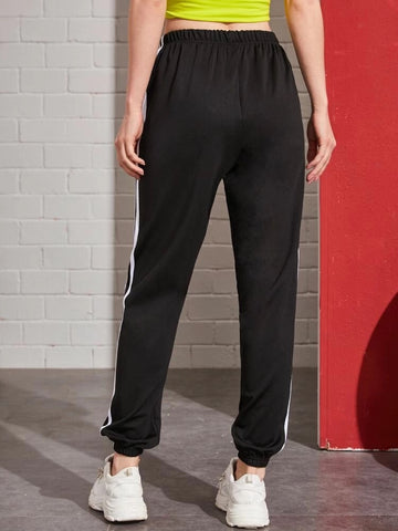 Teen Solid Black Stripped Cotton Sweatpant