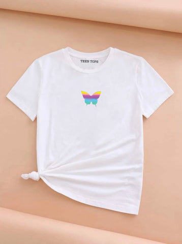 Teen White Cotton Rainbow Reflecting Butterfly T-shirt