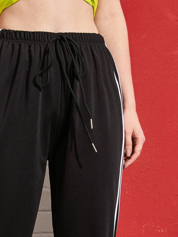 Teen Solid Black Stripped Cotton Sweatpant