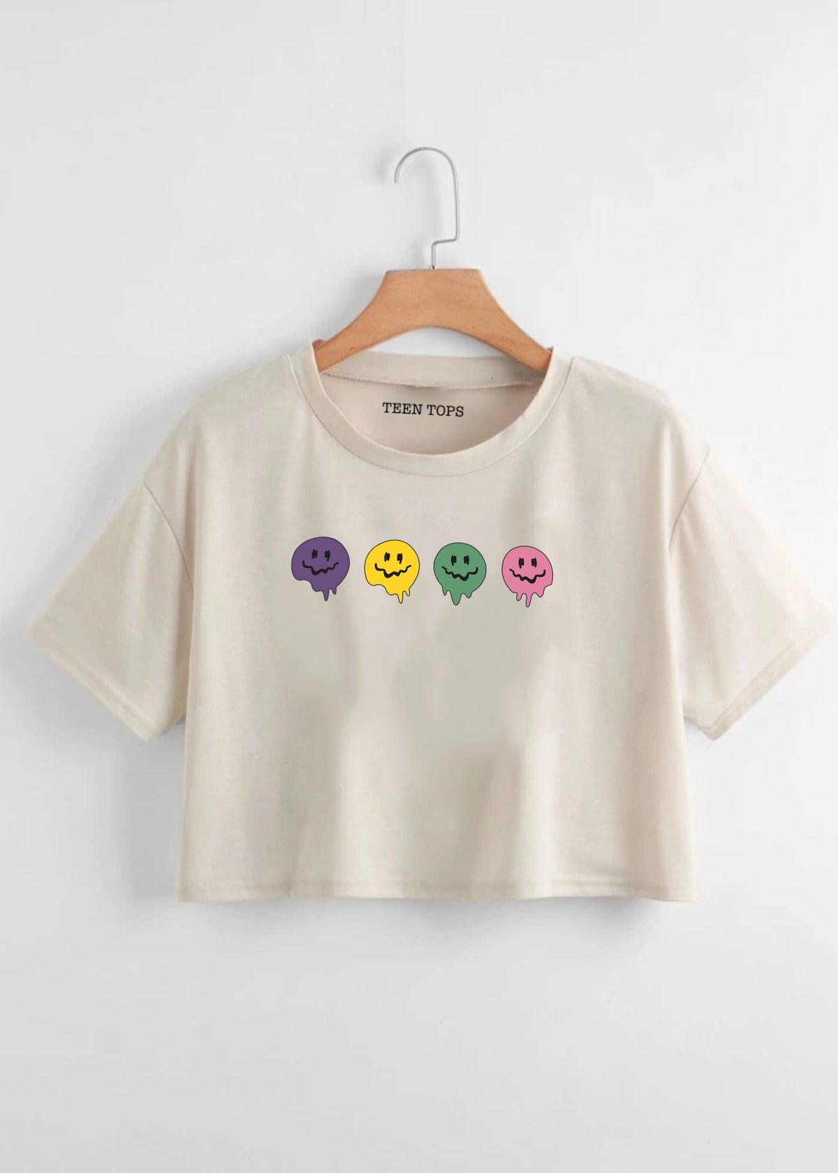 Teen Biege Cotton Graphic Crop Top