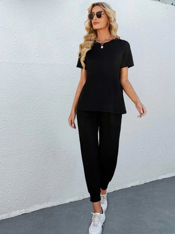 Teen Solid Black Cotton Round Neck Tee & Trouser Set