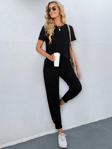 Teen Solid Black Cotton Round Neck Tee & Trouser Set