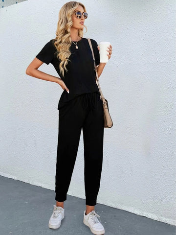 Teen Solid Black Cotton Round Neck Tee & Trouser Set