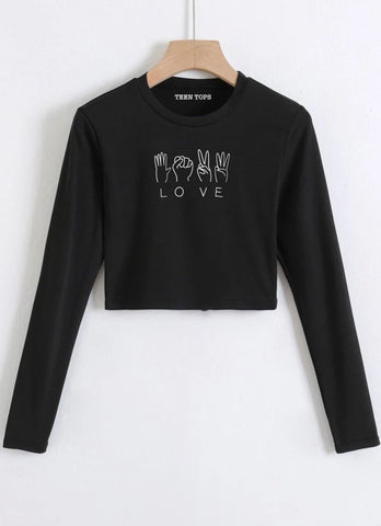 Teen Black Cotton Graphic Crop Top