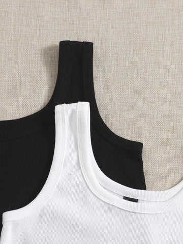 Teen Solid White & Black Rib Fitted Tank Tops