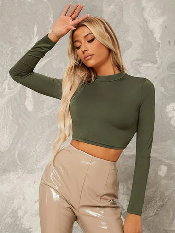 Teen Solid Army Green Slim Fitted Crop Top