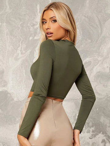 Teen Solid Army Green Slim Fitted Crop Top