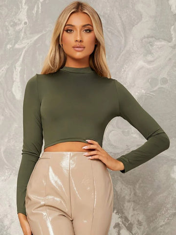 Teen Solid Army Green Slim Fitted Crop Top