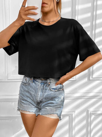 Teen Soild Black Oversize Crop Top