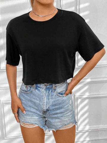 Teen Soild Black Oversize Crop Top