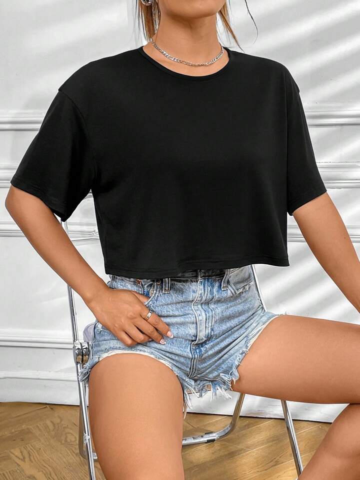 Teen Soild Black Oversize Crop Top