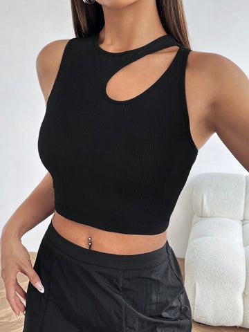 Teen Solid Black Asymmetrical Neck Cotton Fitted Tank Top