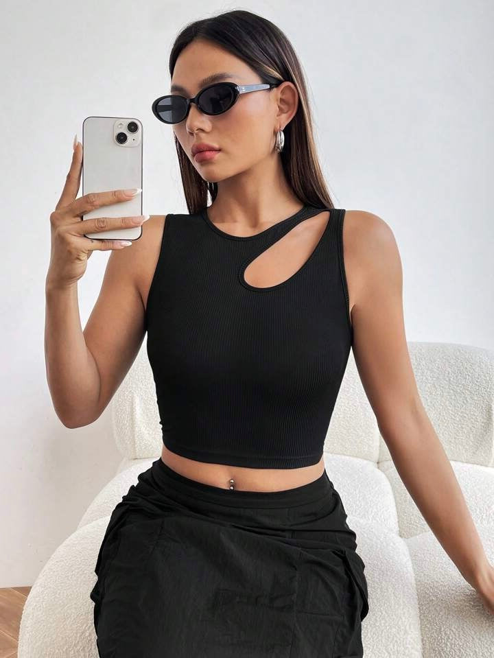 Teen Solid Black Asymmetrical Neck Cotton Fitted Tank Top