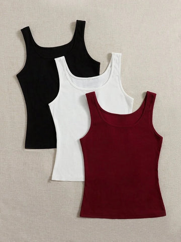 Teen Solid Pack of 3 Rib Fitted Tank Tops