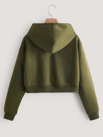 Teen Solid Army Green Drawstring Crop Hoodie