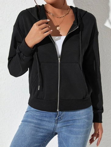 Teen Solid Black Zipper Hoodie