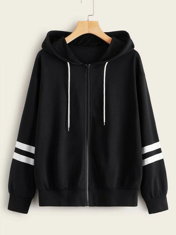 Teen Solid Black Strippes Zipper Drawstring Hoodie