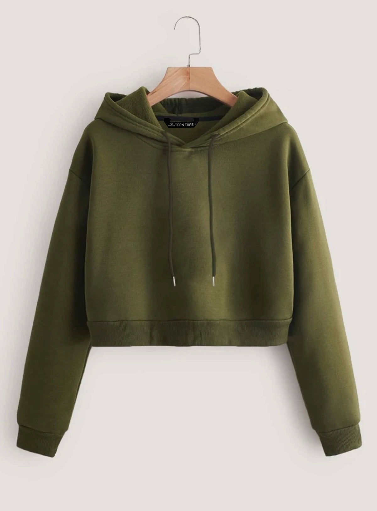 Teen Solid Army Green Drawstring Crop Hoodie