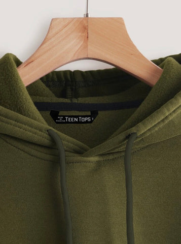 Teen Solid Army Green Drawstring Crop Hoodie