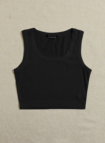 Teen Solid Black Scoop Neck Rib Fitted Tank Top