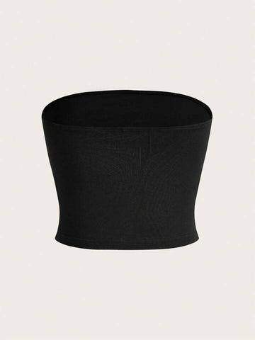 Teen Solid Black Graphic Cotton Tube Top