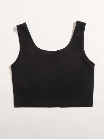 Teen Solid Black Graphic Rib Fitted Tank Top