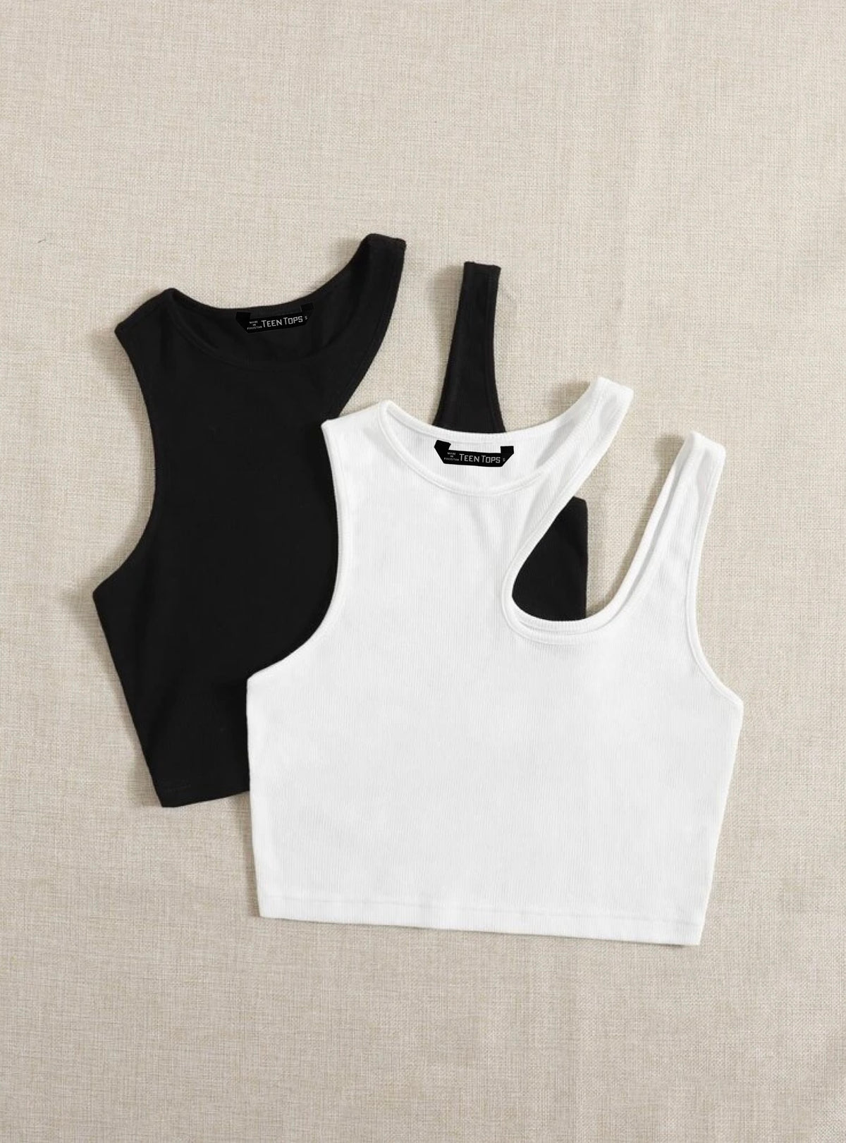 Teen Solid Pack of 2 Asymmetrical Neck Rib Fitted Tank Tops