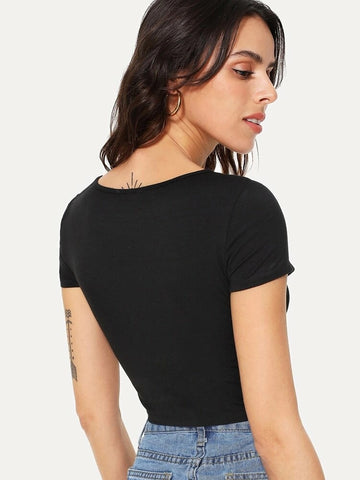 Teen Solid Black Cut Out Slim Fitted Crop Top