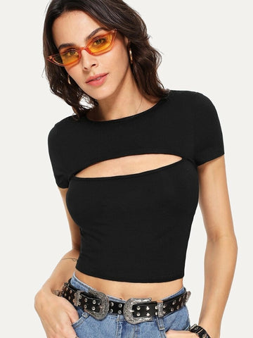 Teen Solid Black Cut Out Slim Fitted Crop Top