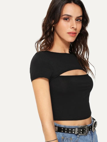 Teen Solid Black Cut Out Slim Fitted Crop Top