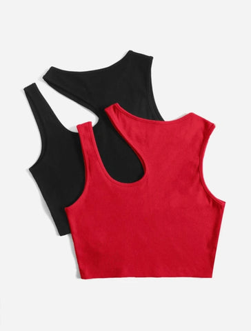 Teen Solid Pack Of 2 Asymmetrical Neck Rib Fitted Tank Tops