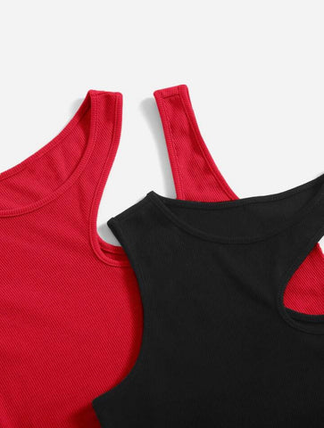 Teen Solid Pack Of 2 Asymmetrical Neck Rib Fitted Tank Tops