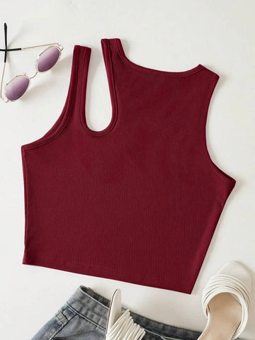 Teen Solid Maroon Asymmetrical Neck Rib Fitted Tank Top