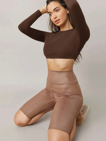 Teen Solid Brown Slim Fitted Crop Top