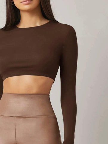 Teen Solid Brown Slim Fitted Crop Top