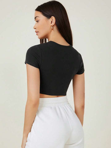 Teen Solid Black Brown Slim Fitted Crop Top