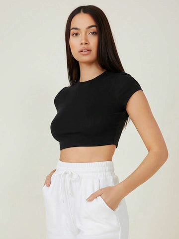 Teen Solid Black Brown Slim Fitted Crop Top