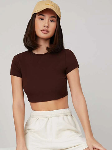 Teen Solid Black Brown Slim Fitted Crop Top