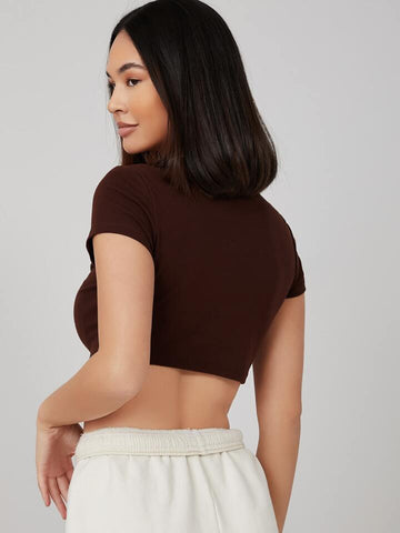 Teen Solid Black Brown Slim Fitted Crop Top