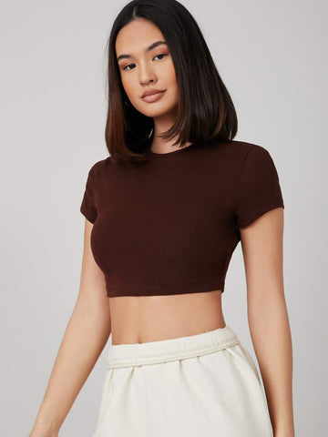 Teen Solid Black Brown Slim Fitted Crop Top