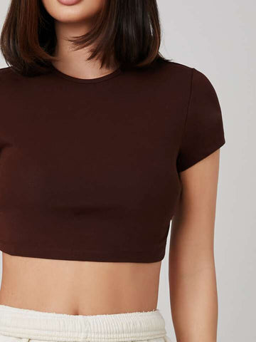 Teen Solid Black Brown Slim Fitted Crop Top