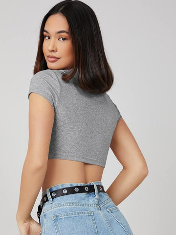 Teen Solid Black Brown Slim Fitted Crop Top