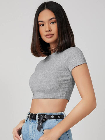 Teen Solid Black Brown Slim Fitted Crop Top