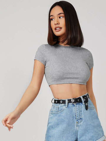 Teen Solid Black Brown Slim Fitted Crop Top