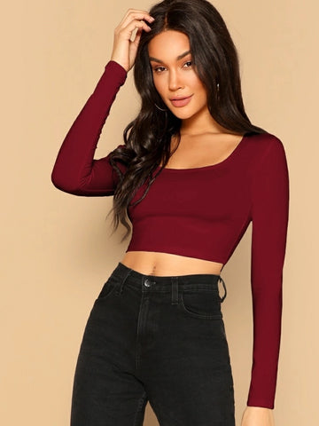 Teen Solid Mehroon Cotton Slim Fitted Crop Top