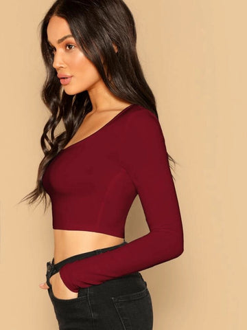 Teen Solid Mehroon Cotton Slim Fitted Crop Top