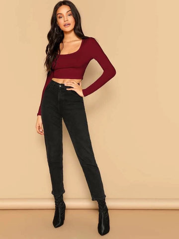 Teen Solid Mehroon Cotton Slim Fitted Crop Top